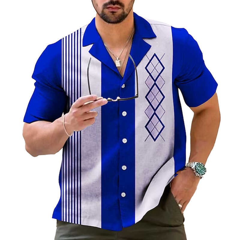 Camisa de boliche casual masculina atemporal, design retrô listrado, manga curta com botão baixo, perfeita para roupas casuais e eventos sociais