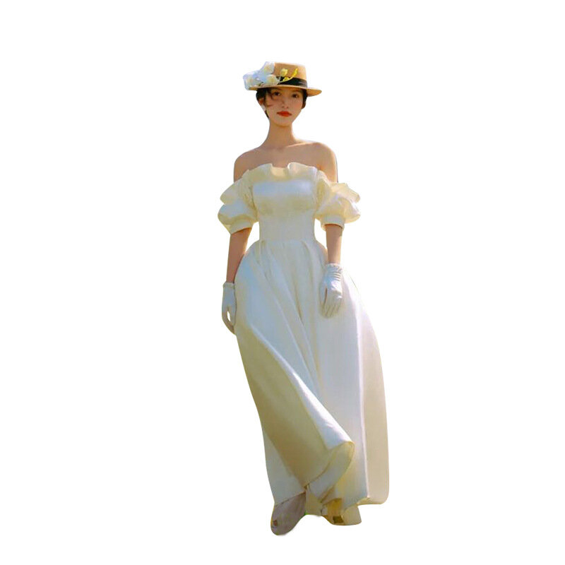 Vestido de novia de satén suave con volantes para mujer, vestido de tiro con cuello de barco, moda coreana dulce, novedad de 2024