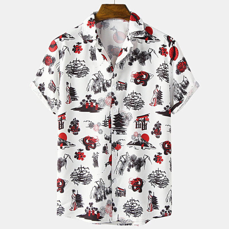 Camisa havaiana masculina casual de botão manga curta, camisas florais de praia, festa