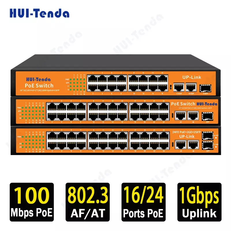 Hui-tenda ai poeスイッチ、ipカメラ、アップリンクポート、sfpポート、ネットワークイーサネットネットワーク、vlan、rj45、16、24、10、100mbps、2x1gbps