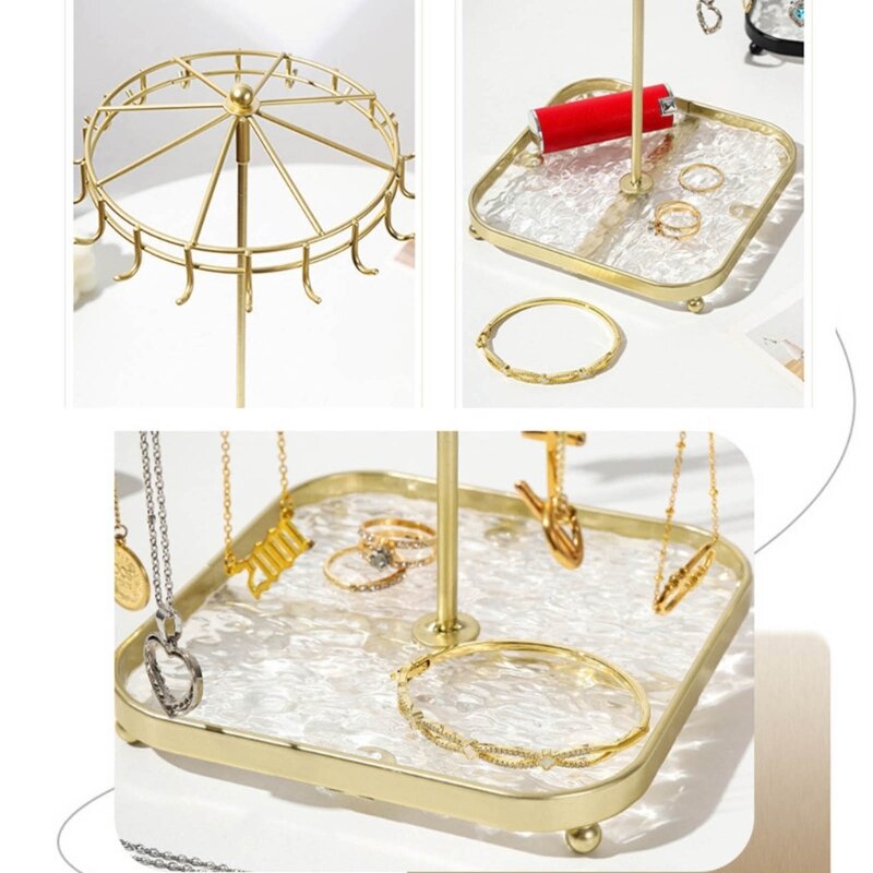 Rotating Iron 2-Tier Revolving Stand Rack Jewelry Display Hanger Counter Top Spinner Rack for Retail Bracelet Organizer