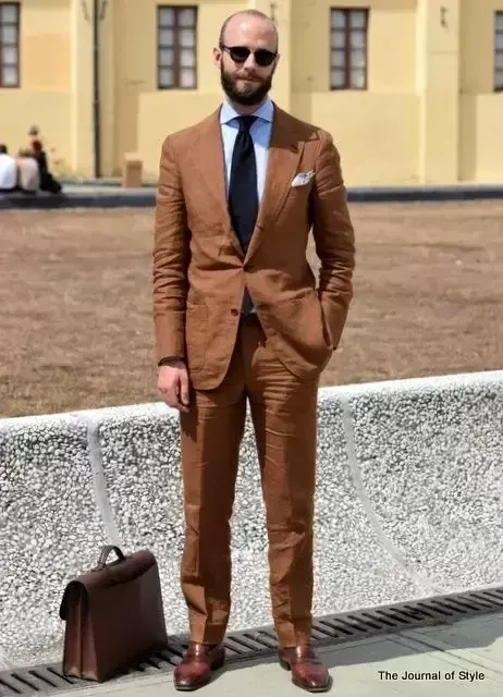 Traje de playa de lino marrón de alta calidad para hombre, traje informal inteligente, esmoquin personalizado, Blazer de novio, 2 piezas