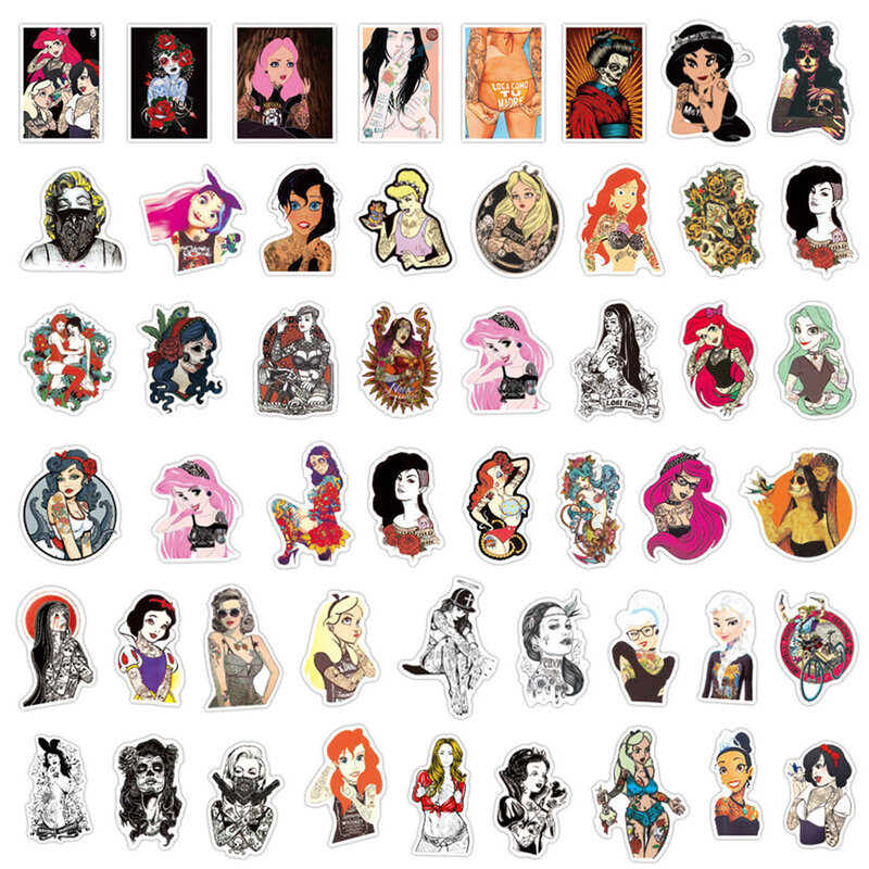 Impermeável Anime Princess Tattoos Adesivos, Cool Graffiti, Meninas, Braços Corporais, Skate, Laptop, Artsy Goth, Pacotes de Decalques, 10 Pcs, 30 Pcs, 50Pcs