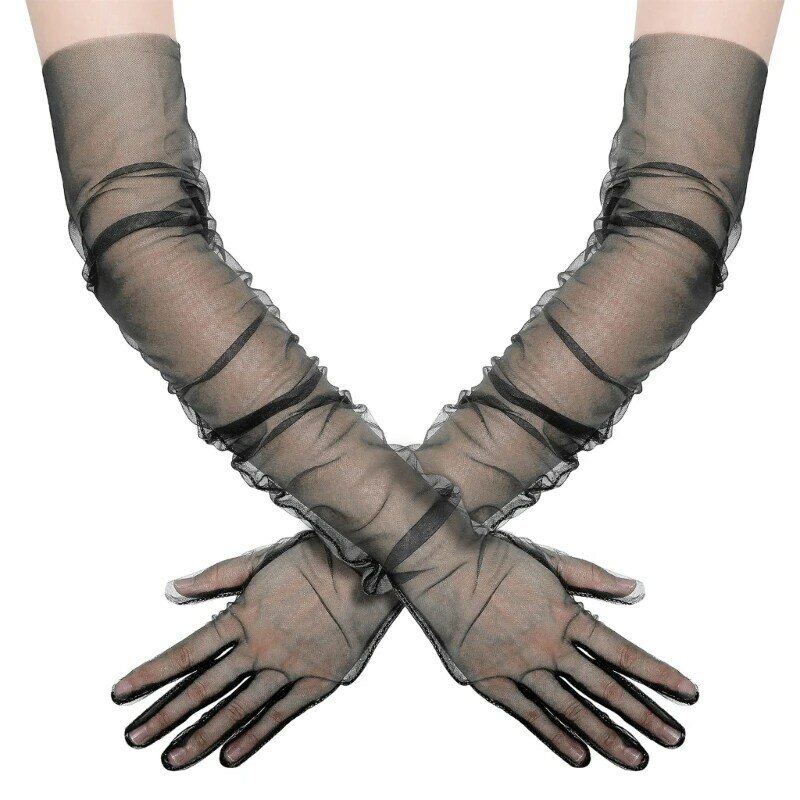 Women Halloween Bride Tulle Gloves Nightclub Dancing Accessories for Party Masquerade Full Finger Stretchy Gloves