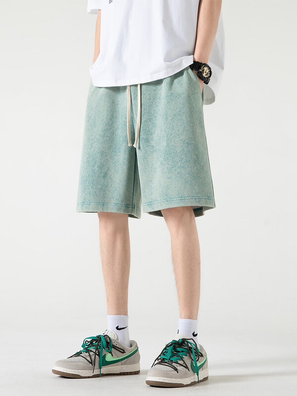 Shorts de moletom solto de algodão masculino, calça curta casual masculina, streetwear Harajuku, calções de verão angustiados, novo, 320G, 2022