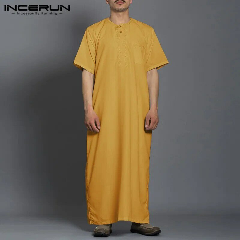 INCERUN 2024 мужской мусульманский джубба Тауб исламский кафтан однотонный Модный с коротким рукавом Кафтан Ближний Восток Дубай мужские халаты