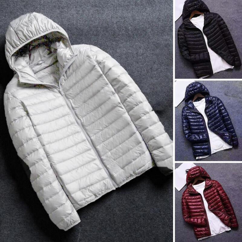 Męskie parki Ultra lekki kaptur męski płaszcz zimowy jednolity kolor cienka bawełna wyściełane kurtka z zamkiem odzież męską Streetwear