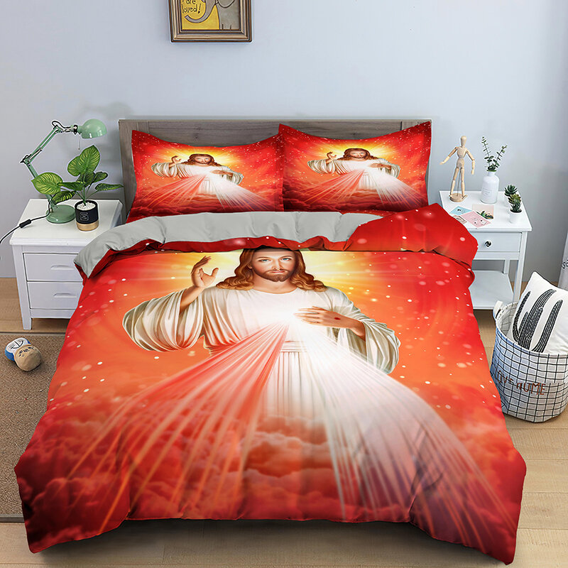 3D พระเยซูผ้านวมคริสเตียนศักดิ์สิทธิ์พระเยซูชุดเครื่องนอนผ้าคลุมเตียงเหมาะสำหรับคริสเตี...