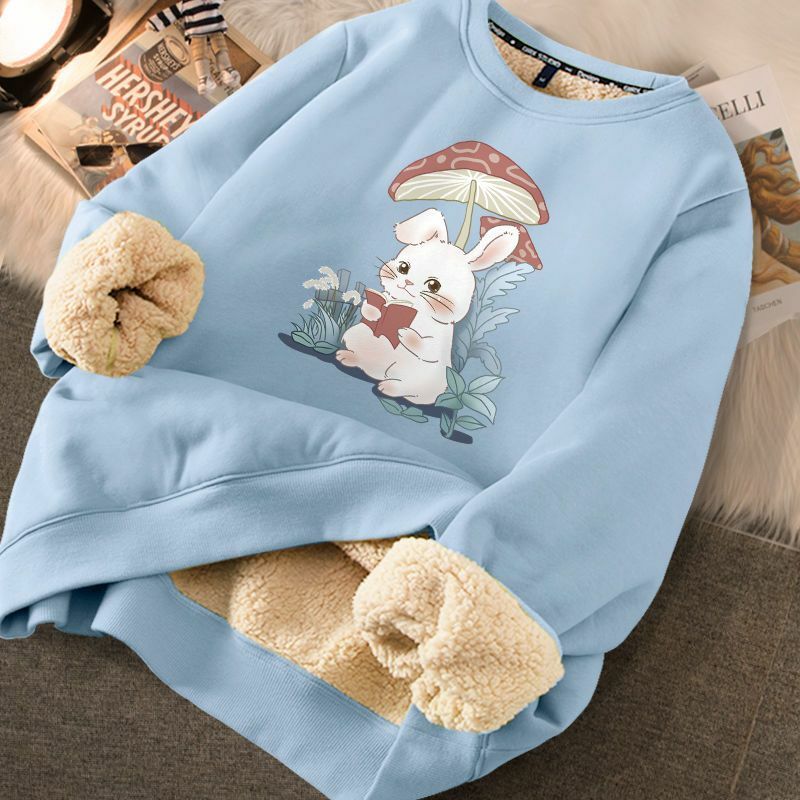 Śliczny nadruk kreskówkowy O Neck bluzy damskie luźne Casual Vintage swetry bluzy grube ciepłe, jesienne zimowe 2023 topy w koreańskim stylu