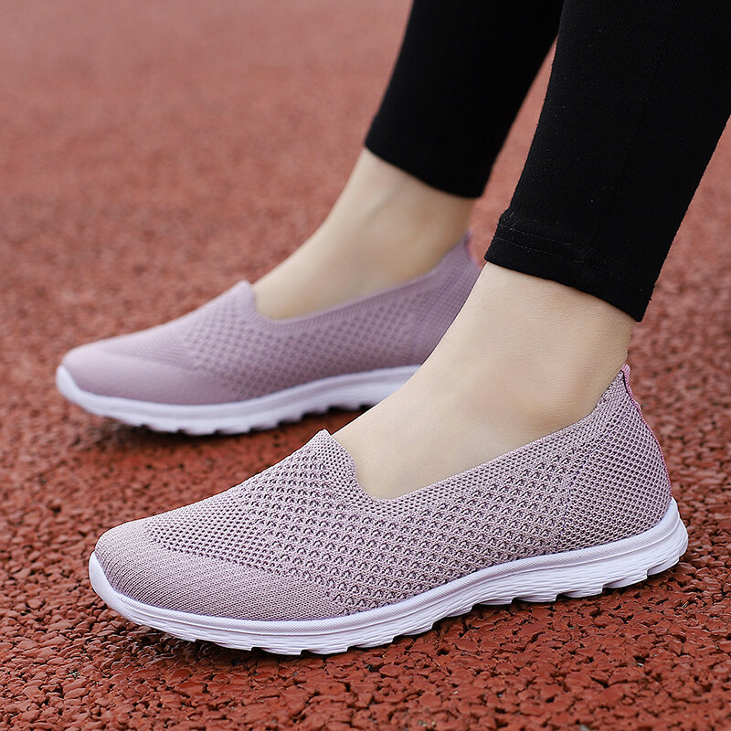 Women Walking Fitness Black Mesh Slip-On Light Loafer Summer Sports Shoes Outdoor Flats Breathable Sneakers Big Size 35-42