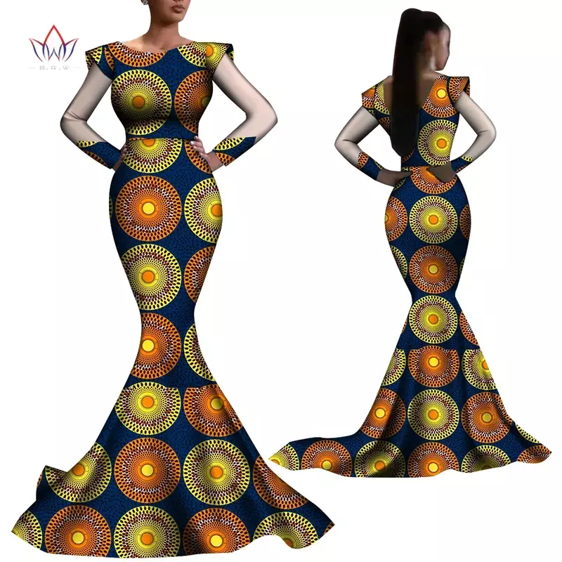 Bintarealwax 여성용 아프리카 드레스 파티 바디콘 롱 드레스 바쟁 리체 아프리카 프린트 인어 의류 플러스 사이즈 WY1025