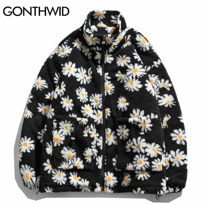GONTHWID-데이지 프린트 플리스 코튼 패딩 두꺼운 파카 재킷, 스트리트웨어, 힙합, 따뜻한 풀 지퍼 코트, 패션, 하라주쿠 아웃웨어