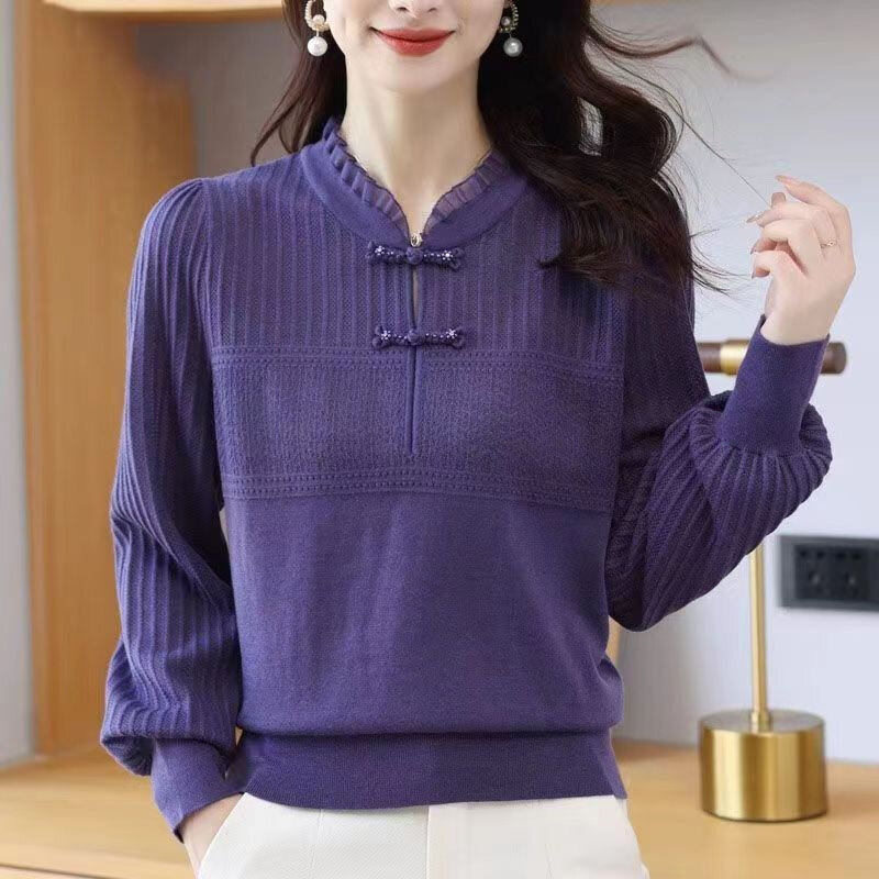 Frühling Herbst neue hochwertige Pullover Frauen Cheong sam Kragen Pullover Temperament Rundhals Strickwaren Bottom ing Shirt Damen