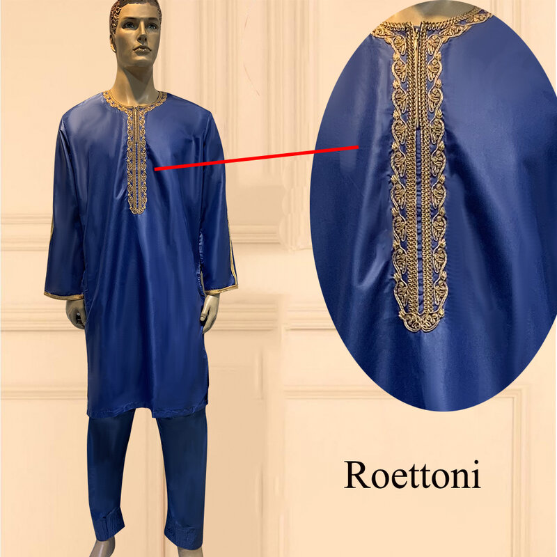 1 Sets Men's Muslim Jubba Thobe Long Sleeve Kaftan Abaya Dubai Pakistan Aman Maxi Robe Embroidery Flowers Prayer Dress With Pant