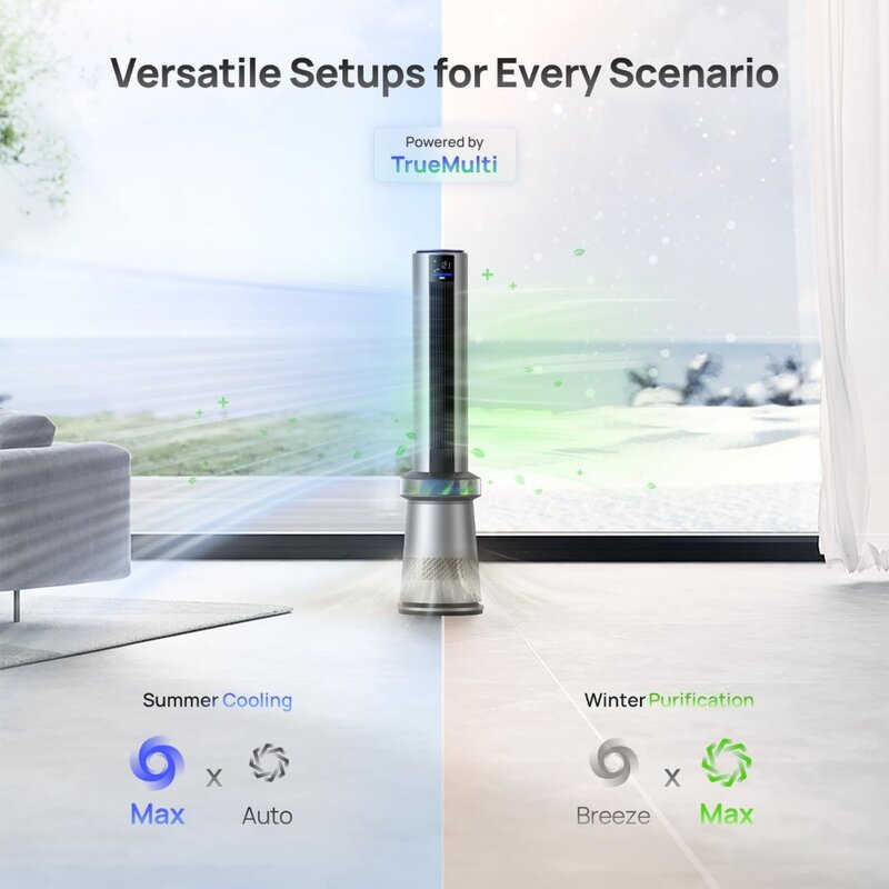 Air Purifier Tower Fan, 45" 2-in-1 Smart Fan for Bedroom, 27ft/s Velocity, 120°Oscillation, 24H Timer,