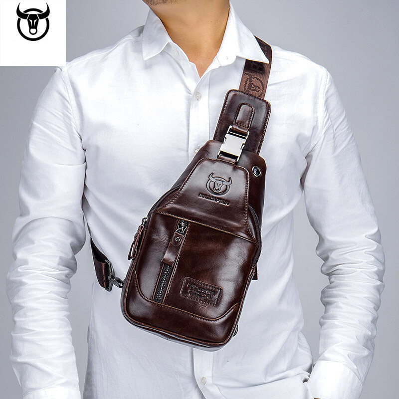 BULLCAPTAIN Genuine Leather Man's Chest Bag Fashion Crossbody Message Shoulder Bag