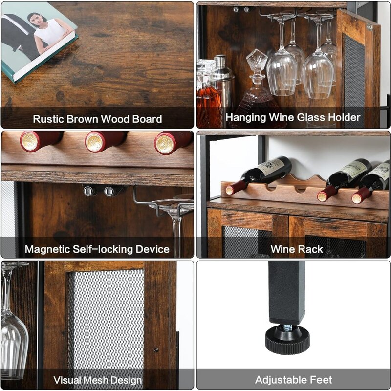 Wine Bar Rack Cabinet with Detachable Wine Rack, Coffee Bar Cabinet with Glass Holder, Small Sideboard and Buffet Cabinet with