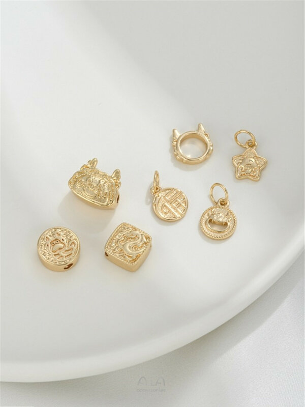 14K Gold-filled Zodiac Year of The Dragon Bead Dragon Head Set Bead Ring Dragon Pendant Handmade DIY Bracelet Jewelry Accessorie