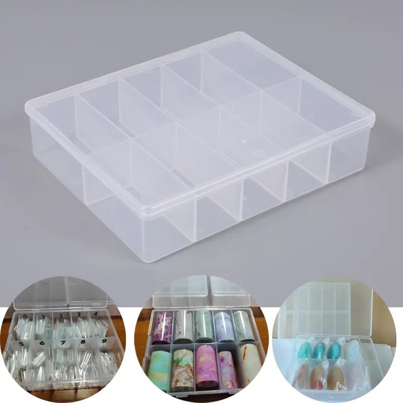 Caja de plástico para almacenamiento de uñas, contenedor vacío para diamantes de imitación, gemas, organizador, 10 rejillas