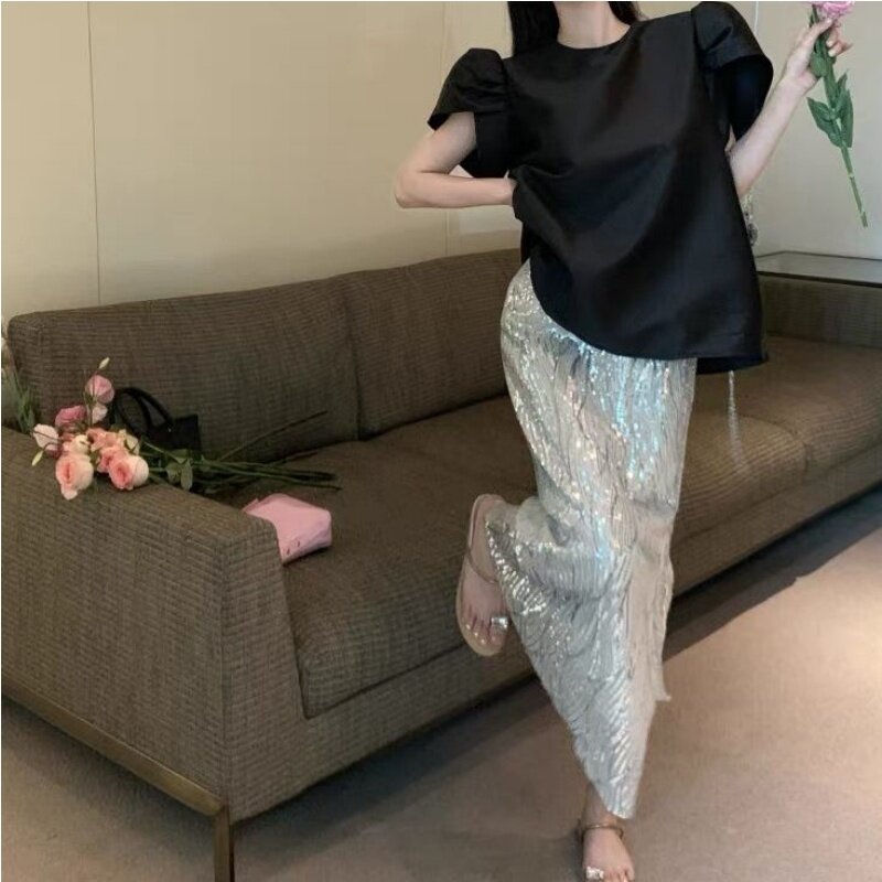 2024 Summer Retro Black Bubble Sleeves Short Sleeved Shirt Sequin Wrapped Hip Skirt 2-piece Set