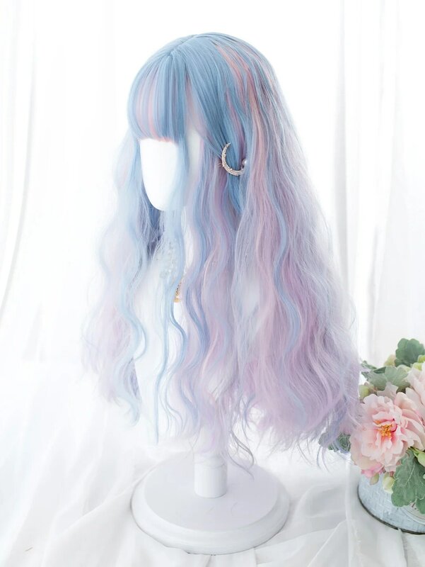 여성용 내츄럴 웨이브 헤어 가발, 앞머리 있는 합성 가발, 내열성, 블루 핑크 퍼플, 26 인치