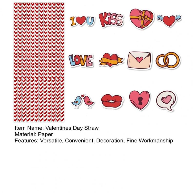 1 Set Valentines Dag Stro Rood Streeppatroon Papieren Rietjes Met Kleine Vlaggen Premium Kwaliteit Valentijnsdag Drinkrietjes