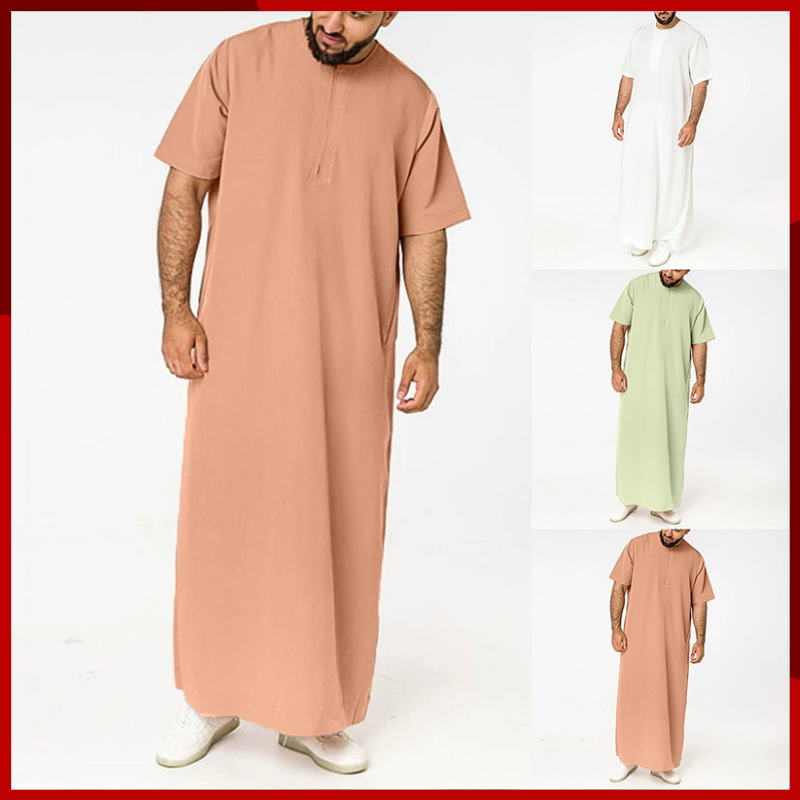 남성용 지퍼 반팔 셔츠, 무슬림 로브, 단색 디자인, 중동, 아랍, 두바이, 말레이시아, 2024 신상