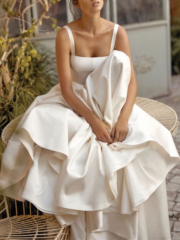 Đơn Giản Và Thời Trang Satin Váy Áo Có Túi Thiết Kế 2022 Đầm Vestido De Matrimonio Tầng Dài Cô Dâu Đồ Bầu Áo Dây Mariage