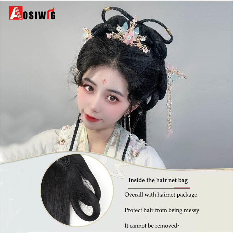 Hanfu sintético estilo antiguo, diadema trenzada integrada, peluca para mujer, pieza de cabello de estilo chino, Cosplay de modelado antiguo Ha