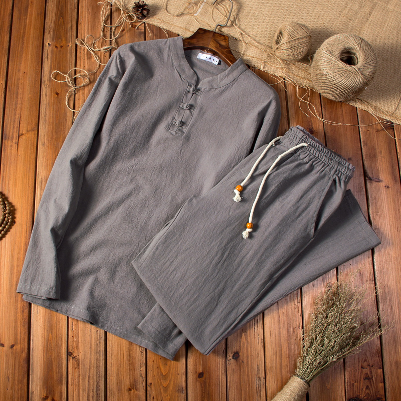 (Camisa + Pantalones) camisa de estilo chino de primavera para hombre, camisas de algodón y lino, camisas casuales para hombre, un conjunto de ropa de talla