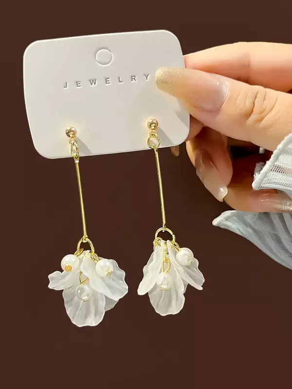2024 New Transparent Flower Rhinestone Long Chain Tassel Beads Drop Earrings Geometric New Design Women