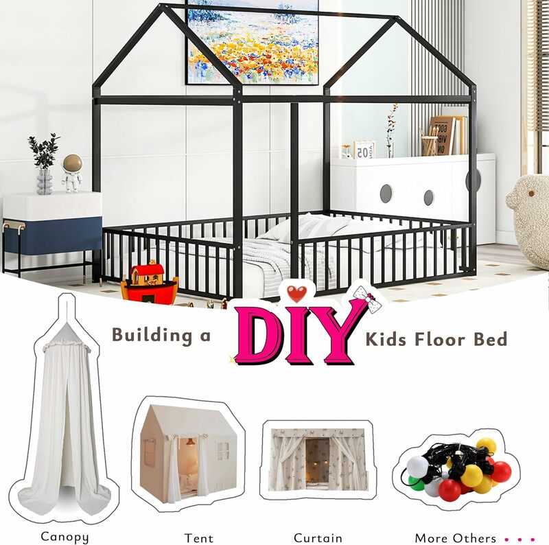 Łóżko podłogowe Montessori, metalowa rama łóżka domowego, łóżko podłogowe dla dzieci, łóżko podłogowe Montessori z płotem, domek do zabawy dla dzieci