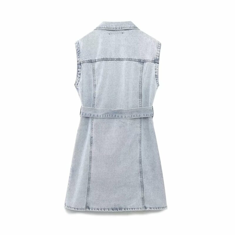 Женское джинсовое мини-платье без рукавов, с поясом и карманами