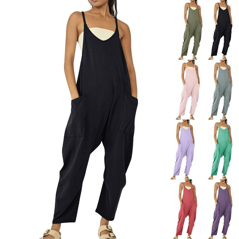Women Casual Jumpsuits Summer Outfit Clothes Inelastic Sleeveless Loose Wide Leg Rompers with Large Pocket Homewear Cotton Pants