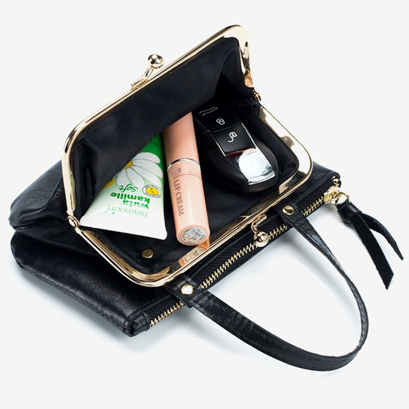 Borsa portaoggetti Vintage multifunzione borsa portamonete in vera pelle fatta a mano Mini borsa portamonete con Clip a doppio strato