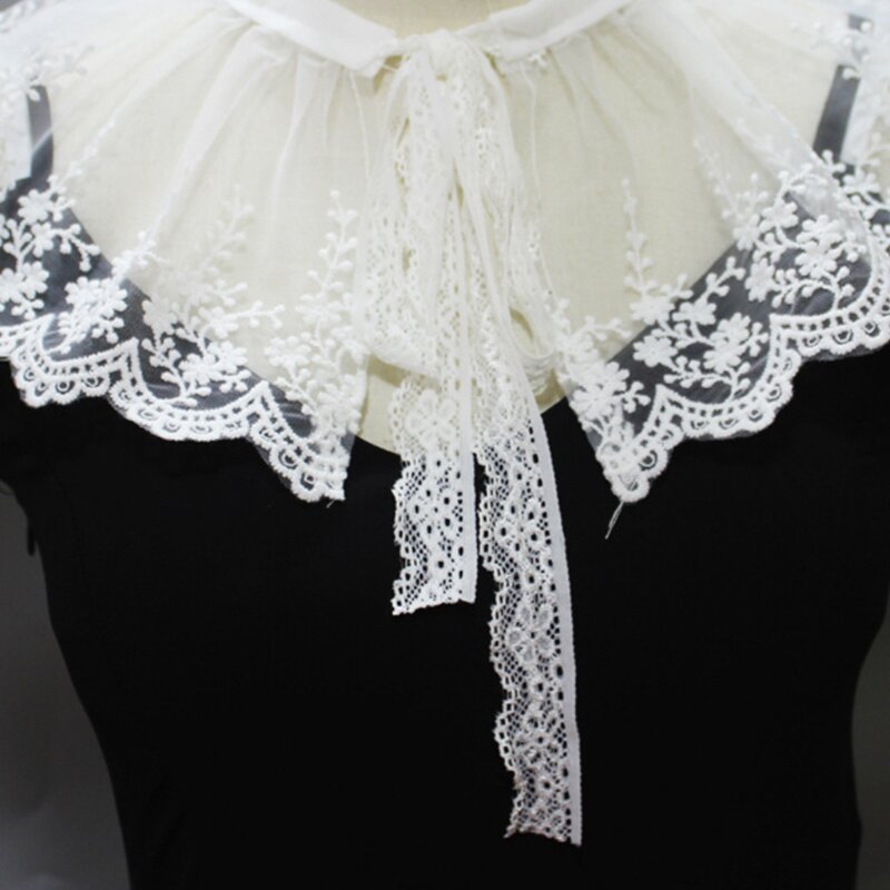 Pleated Mesh Tulle Fake Collar Shawl Necklace Embroidery Floral Half Shirt Cape