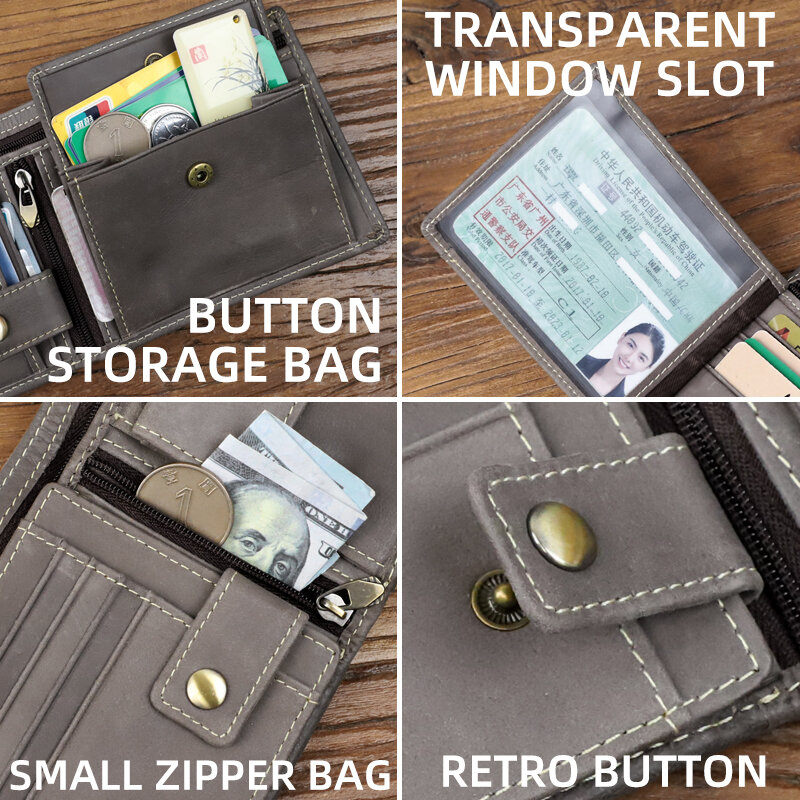 Genuine Leather Short Wallet With Coin Pocket Fold Credit Card Slot Driver License Holder Zipper Money Bag Purse For Men, Women