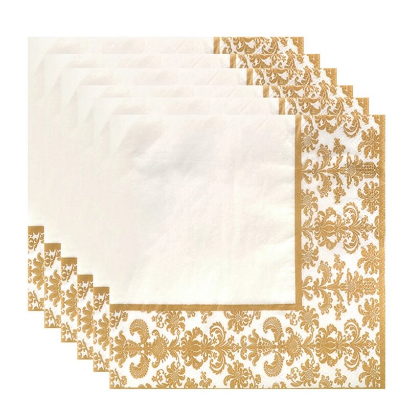 100Pcs Gold Printing Disposable Napkin Tissue Paper Printed Napkins For Restaurant And Hotel (Golden + White)