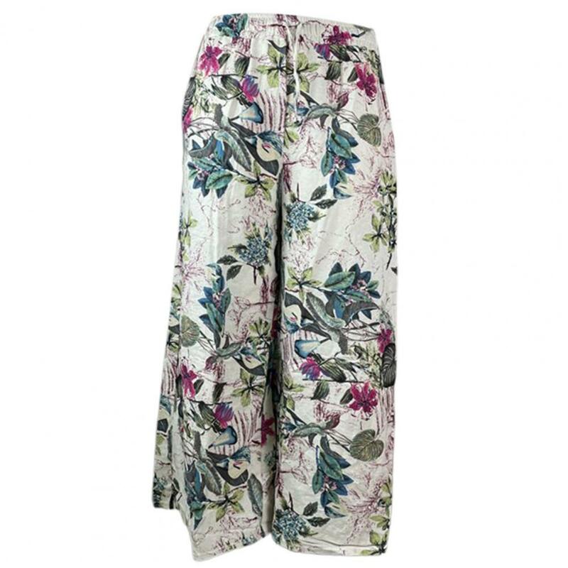 Pantalones bohemios de pierna ancha para mujer, pantalón holgado con estampado de flores Vintage, ropa de calle de longitud completa para oficina