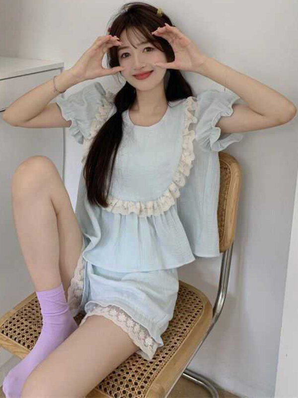 Pajama Sets Women Candy Color Patchwork Students Leisure Sweet Round Neck Romantic Attractive Popular Daily Soft Elegant Design