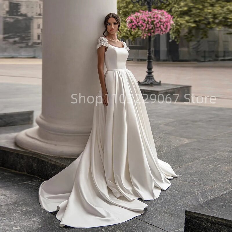Gorgeous Sweep Train Satin Sleeveless Wedding Dresses A Line Princess Bridal Gowns With Pockets Vestidos De Novia Boda Civil