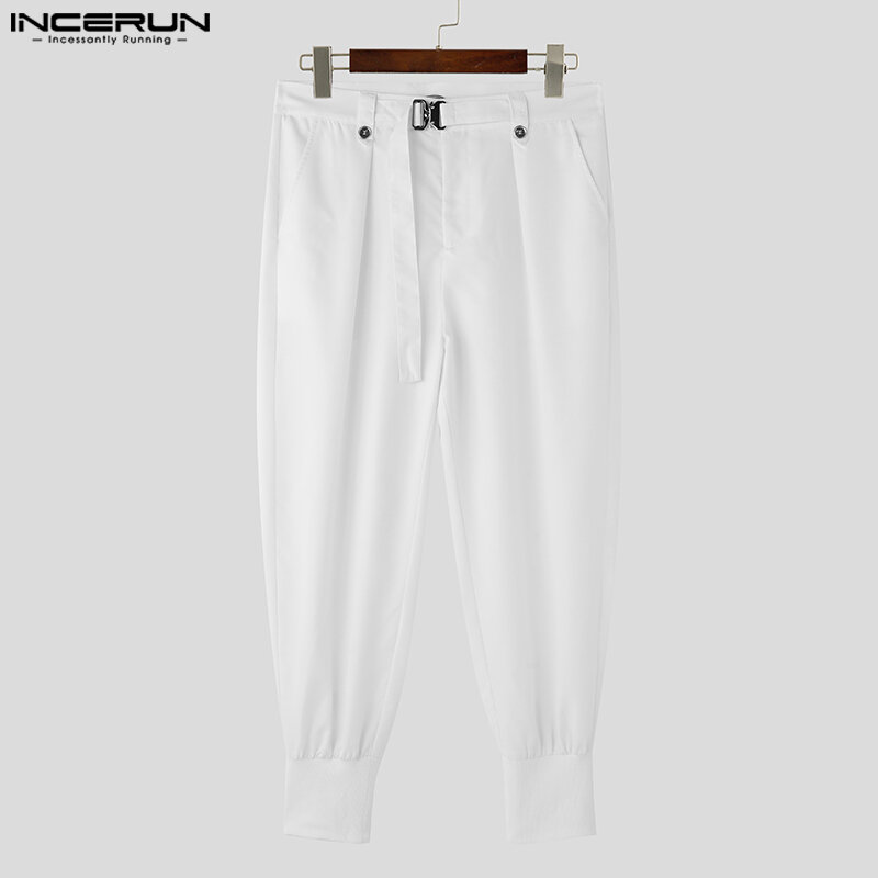 INCERUN 2024 Korean Style Trousers New Mens Solid Comfortable Pantalons Casual Streetwear Lace Up Clothes Cargo Long Pants S-5XL