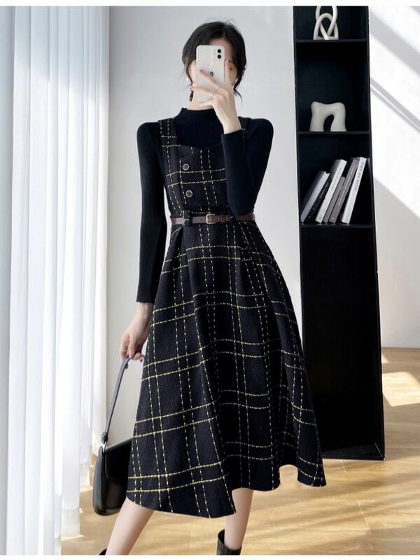 여성용 블랙 니트 스웨터 탑 + 격자 무늬 트위드 슬림 빅 스윙 미디 드레스, 여성 패션 오버올 2 피스 세트, 가을 겨울