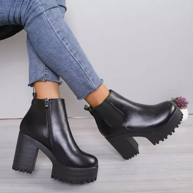 Женские ботинки на толстом каблуке, черные универсальные повседневные короткие ботинки с круглым носком, Осень-зима 2024