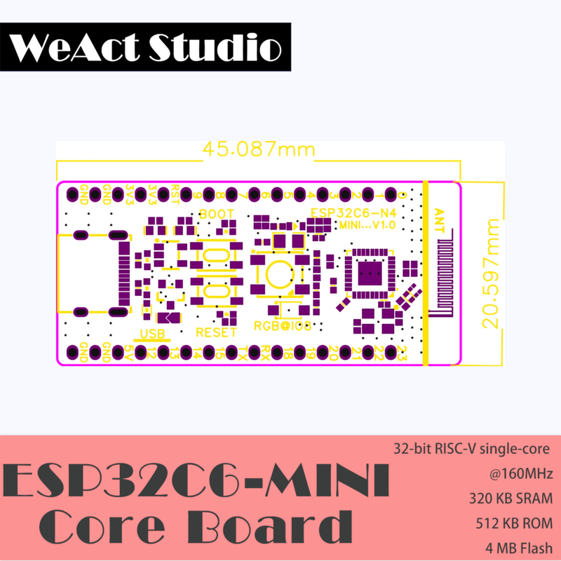 WeAct-Placa de Desenvolvimento do Sistema Mínimo, ESP32-C6-MiNi, ESP32C6, ESP32 Núcleo Board, RISC-V Espressif IoT, WiFi6, Bluetooth, Zigbee