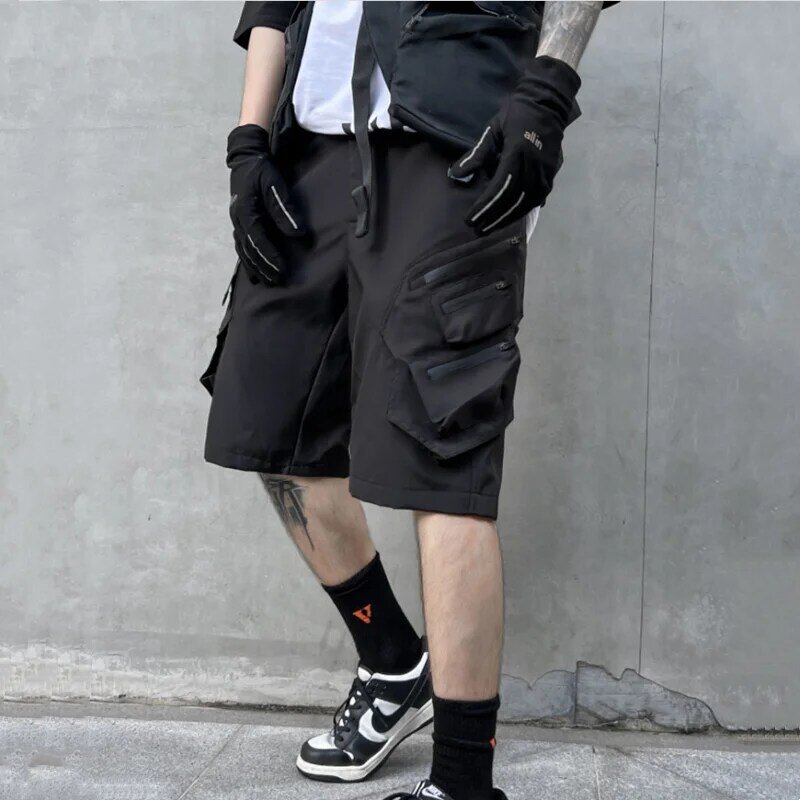 กางเกงขาสั้นคาร์โก้ยุทธวิธีสำหรับผู้ชายมีกระเป๋าหลายใบมีซิปสไตล์ Y2K กางเกงคร็อปแพนท์ไฮสตรีทสำหรับฤดูร้อน2024