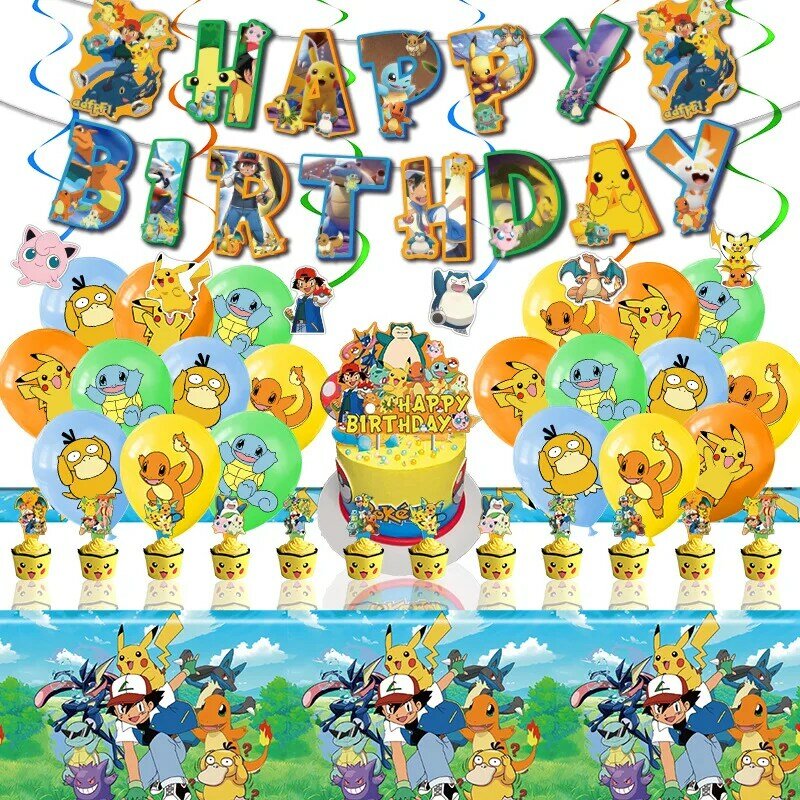 TAKARA TOM juego de dibujos animados, decoración de fiesta de cumpleaños, pancarta de globos, telón de fondo, vajilla de Pokémon, suministros para Baby Shower