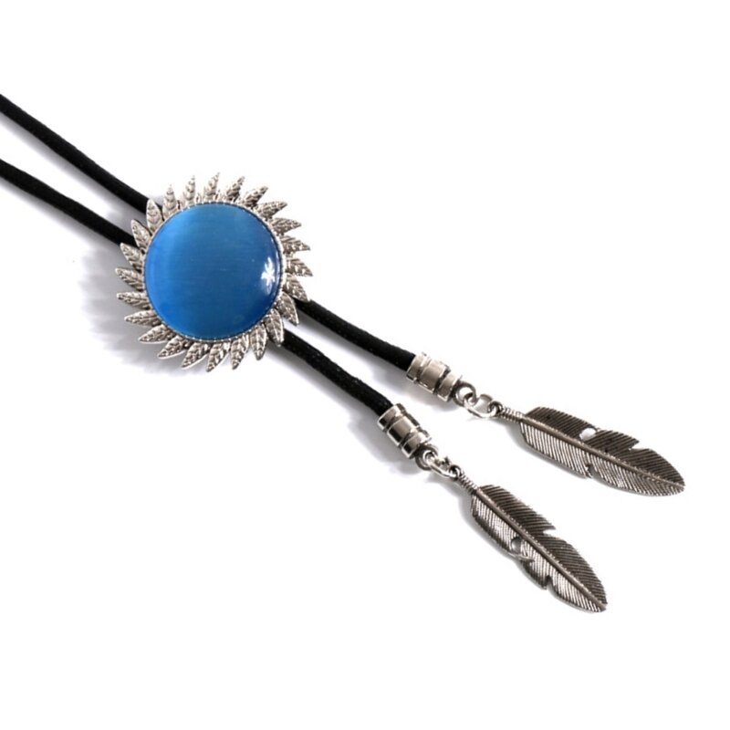 Bolo Tie Leather Rope Sun Stone Western Necklace Costume Accessory for Men DXAA