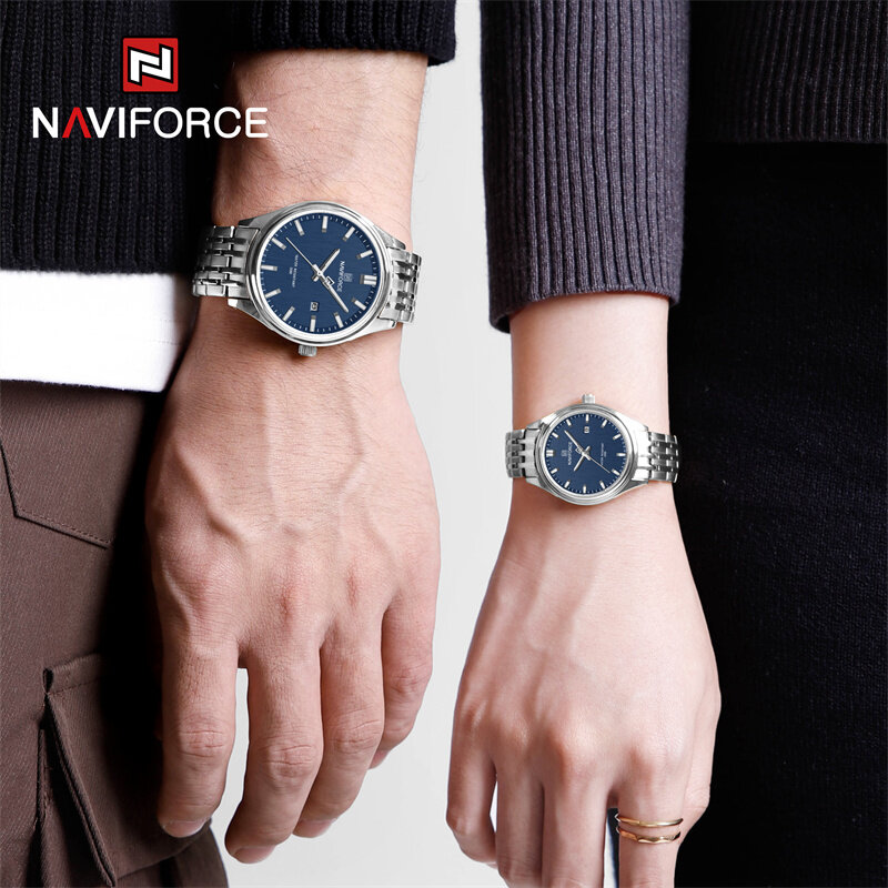 Naviforce นาฬิกาข้อมือใหม่เอี่ยมคู่รักกันน้ำสายสแตนเลสสตีลนาฬิกาข้อมือควอตซ์แฟชั่นชายหญิงนาฬิกาเรืองแสง