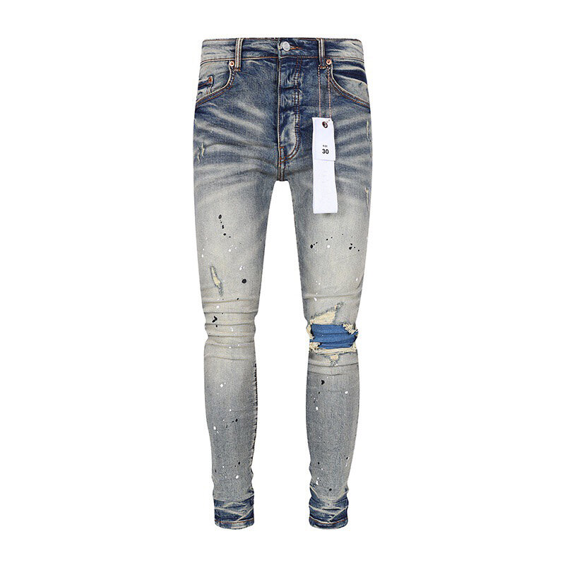 High Street Fashion Men's Jeans Vintage Blue Wash Elastic Tight Split Jeans Men's Designer Hip Hop Brand Blue Patch Pants